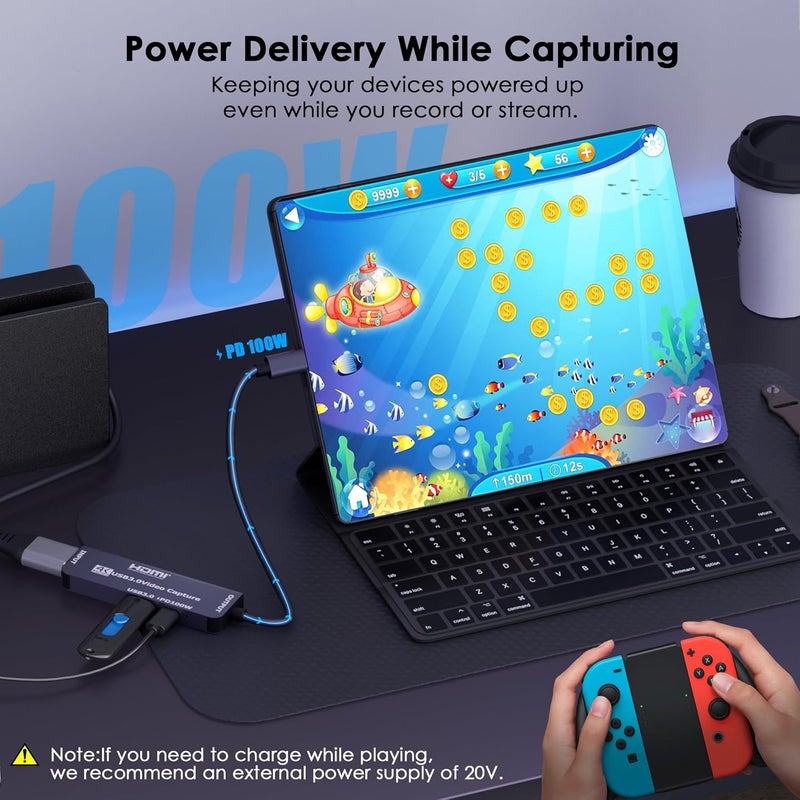 Dbilida USB 3.0 Video Capture Card with PD 100W, Recording 4K, 1080P 60FPS, HDMI to USB-A/USB-C Capture Card with USB 3.0 Port for Quest 3, Switch, PS5/4, Camera, Xbox, Tablet PC - Image 3